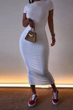 long tight dress with sneakers.